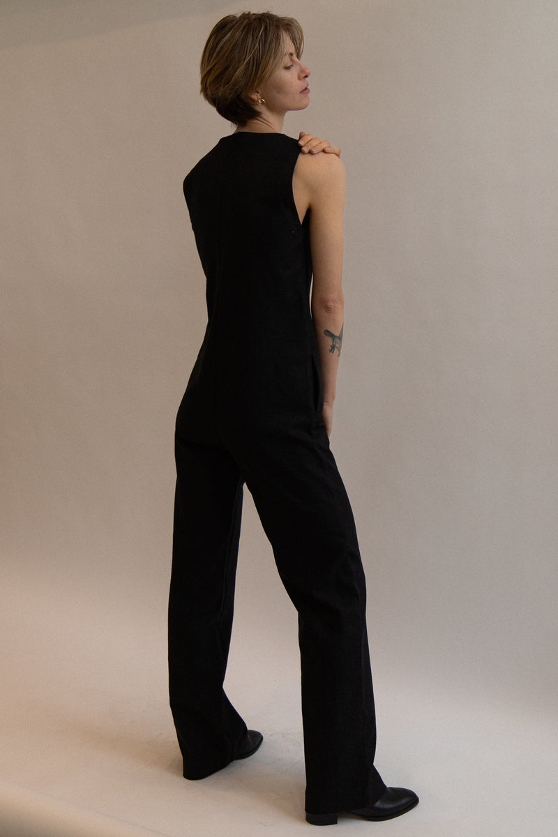 Linen Blend Jumpsuit - Black
